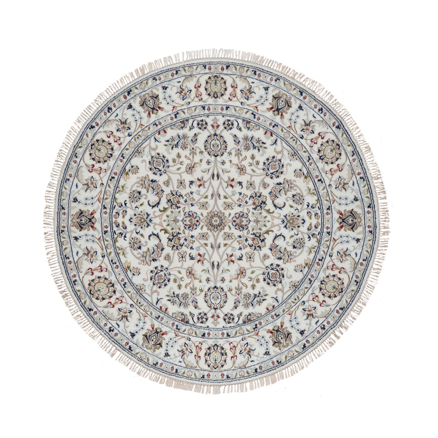 5'x5' Cotton White, 250 KPSI, Nain with All Over Floral Design, Soft Pile, Wool and Silk, Hand Knotted, Round, Oriental Rug